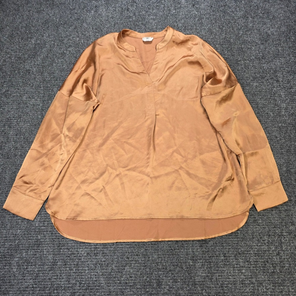 Nicole Miller New York Satin Blouse Women's Size L Copper Split Neck Long Sleeve